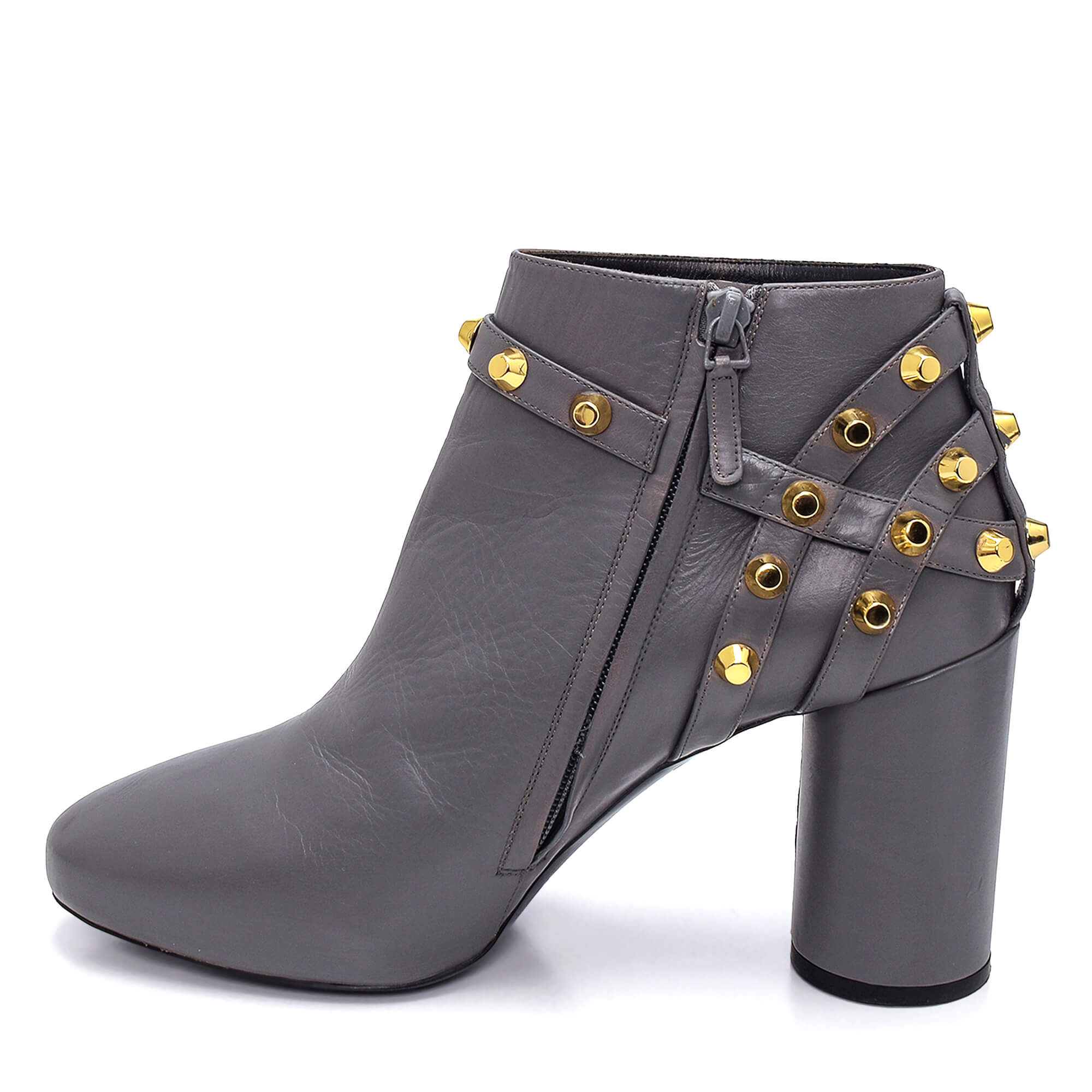 Balenciaga - Grey Leather Studded Strap Valencia Ankle Boots/40